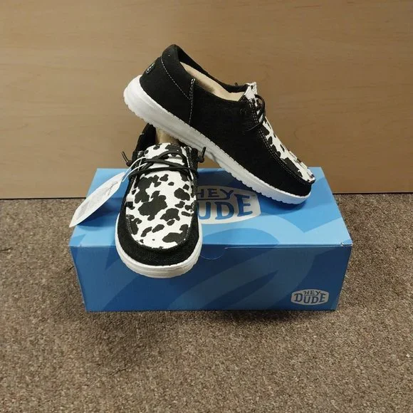 Hey Dude Women's Wendy Boho Cow Print Shoe Wild Black Cow Print